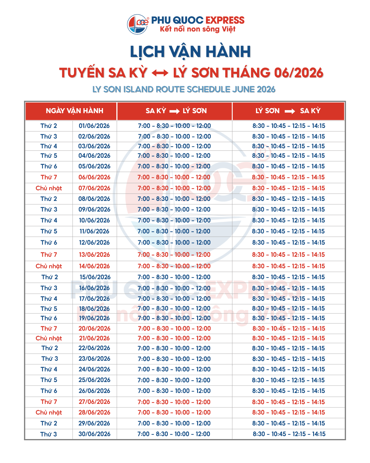 Lịch tàu Sa Kỳ – Lý Sơn tháng 06/2026