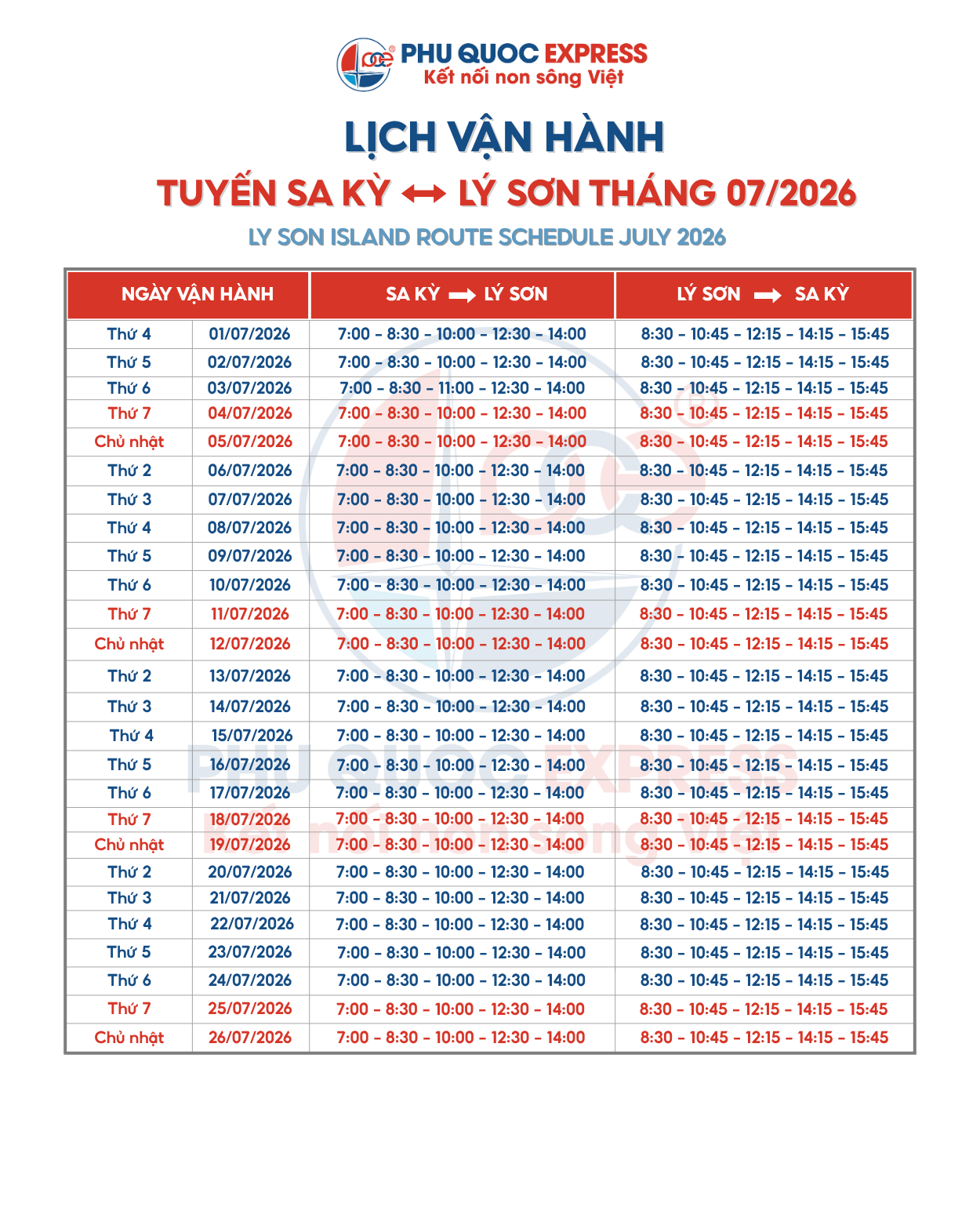 Lịch tàu tuyến Sa Kỳ - Lý Sơn tháng 7-2026