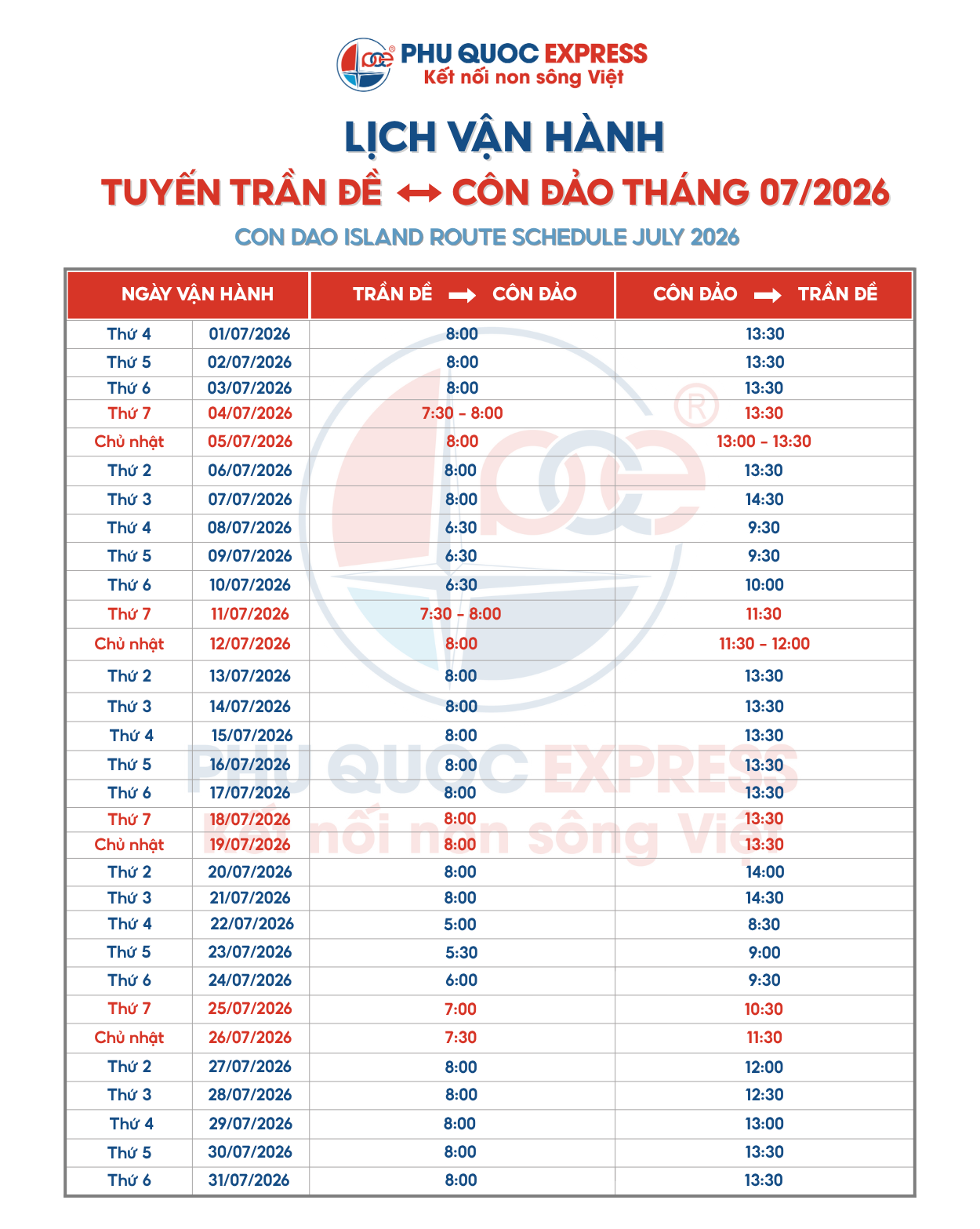 Lịch tàu tuyến Trần Đề - Côn Đảo tháng 07-2026
