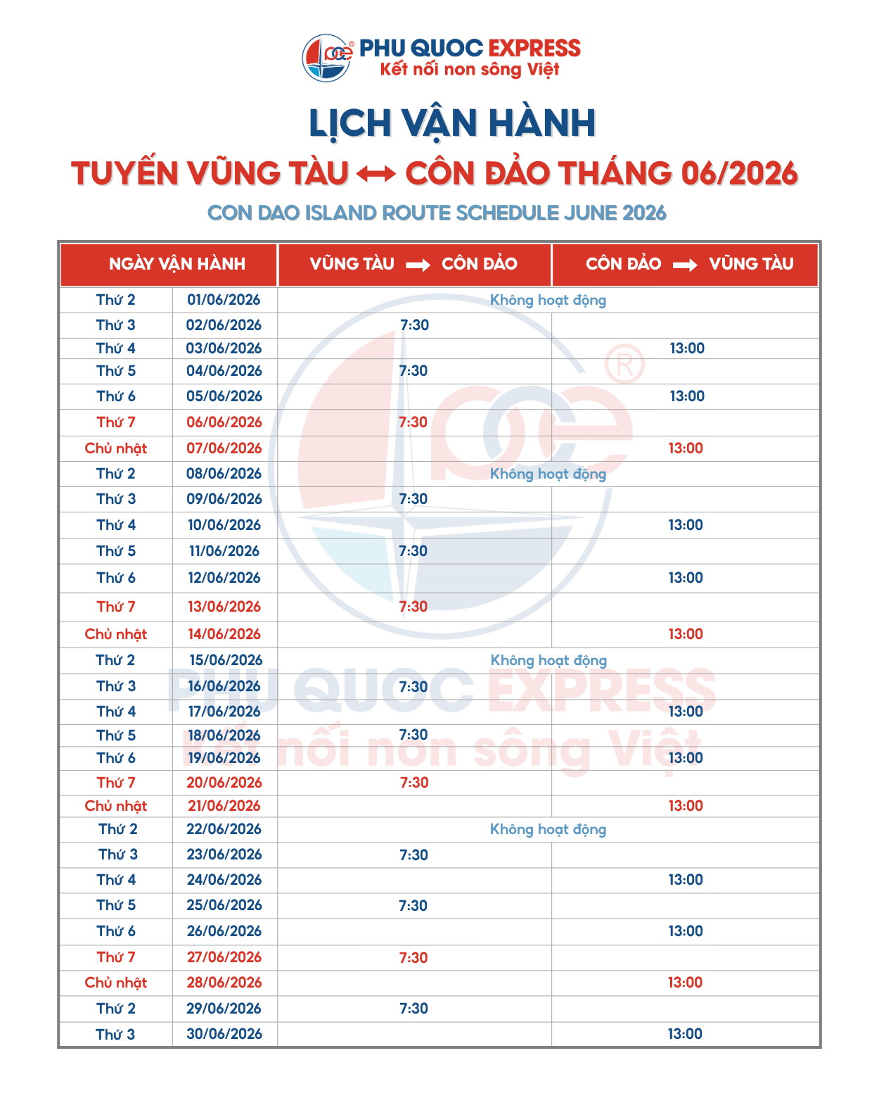 Lịch tàu tuyến Vũng Tàu – Côn Đảo tháng 6/2026