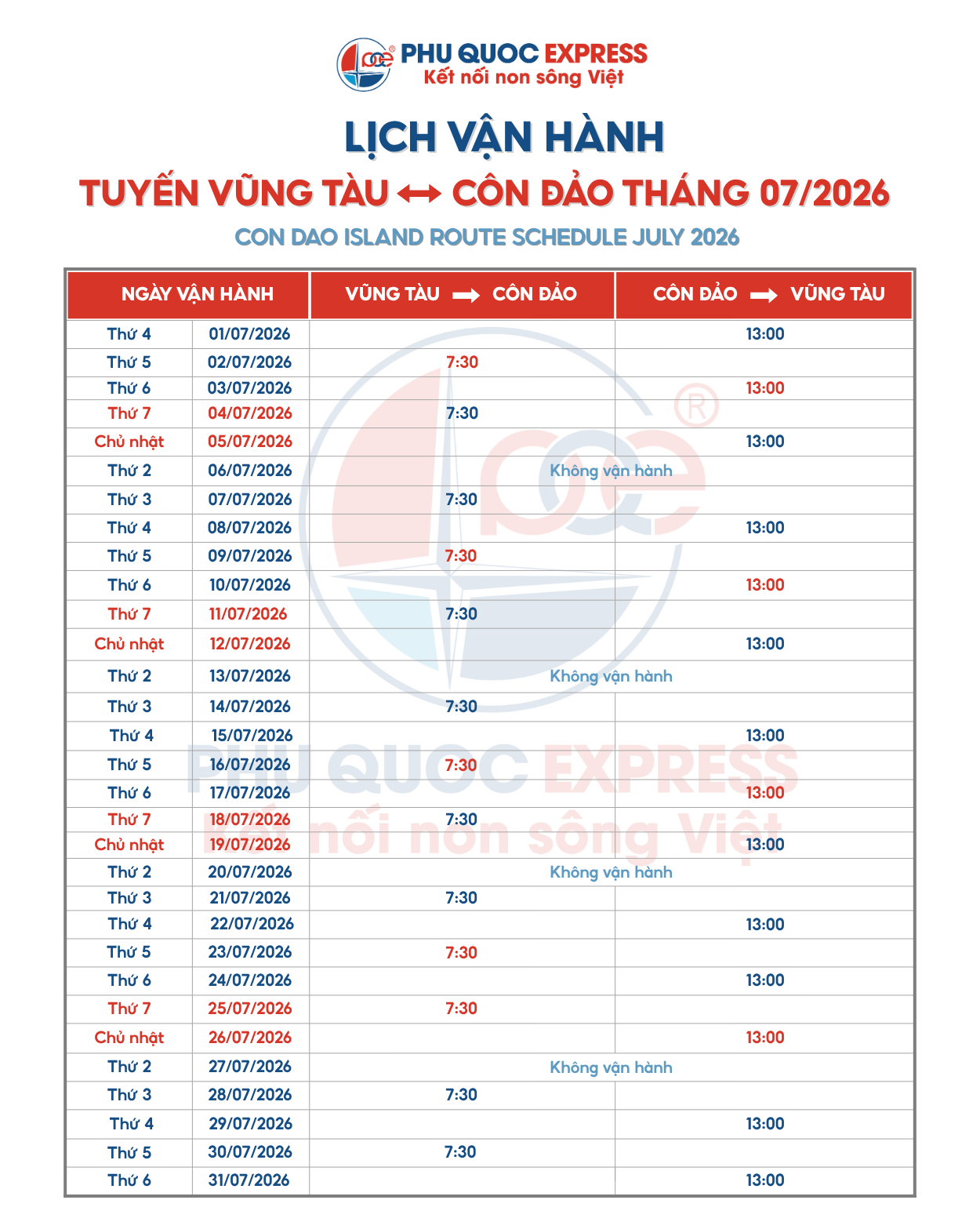 Lịch tàu tuyến Vũng Tàu - Côn Đảo tháng 7-2026