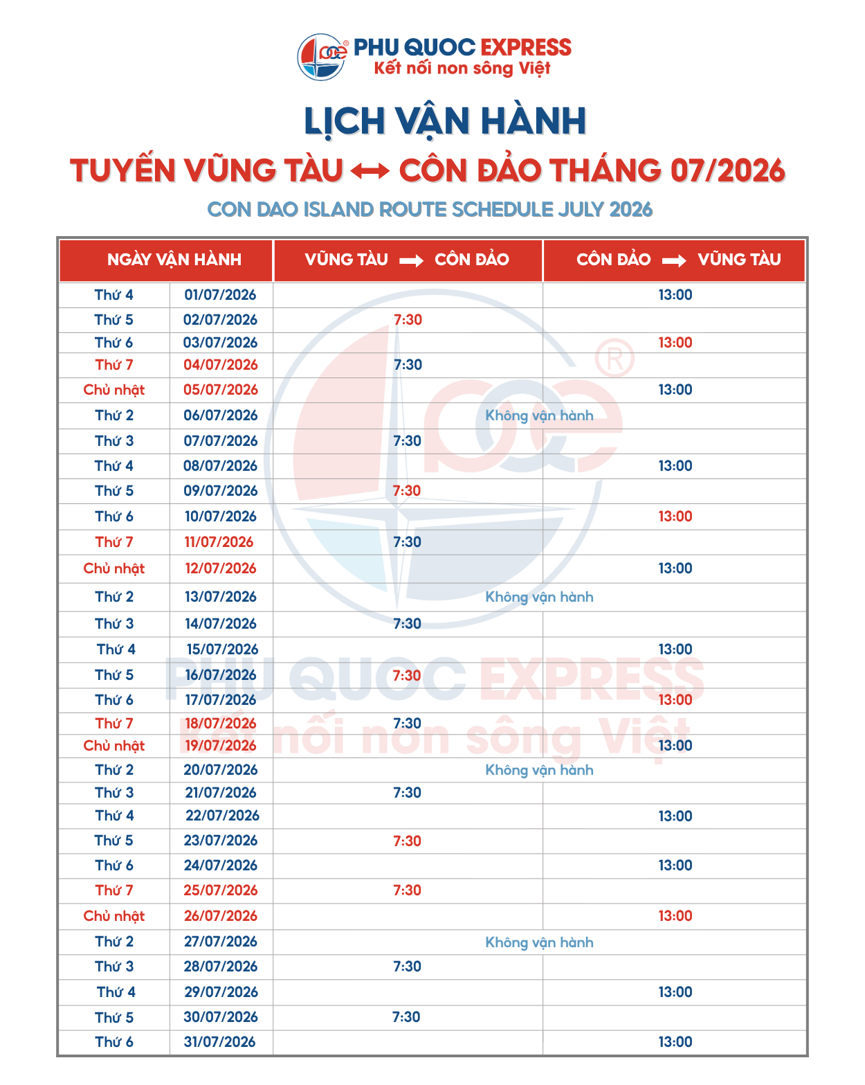 Lịch tàu tuyến Vũng Tàu - Côn Đảo tháng 7-2026