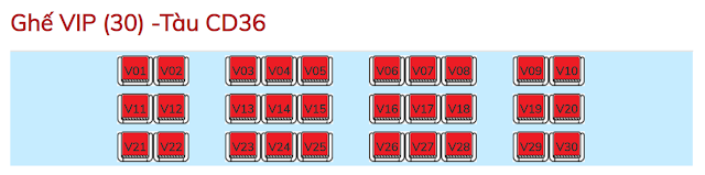 Sơ đồ ghế VIP tầng trên của tàu Côn Đảo Express 36