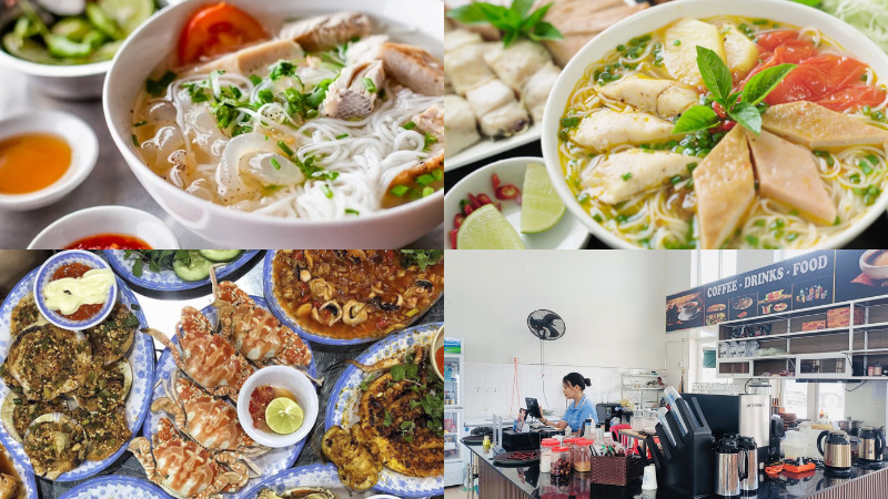 Tổng hợp các món ăn đặc sản và không gian quầy cafe phục vụ đồ uống, thức ăn nhanh tại cảng.