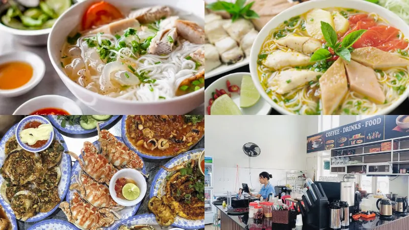 Summary of specialty dishes and cafe space serving drinks and fast food at the port.