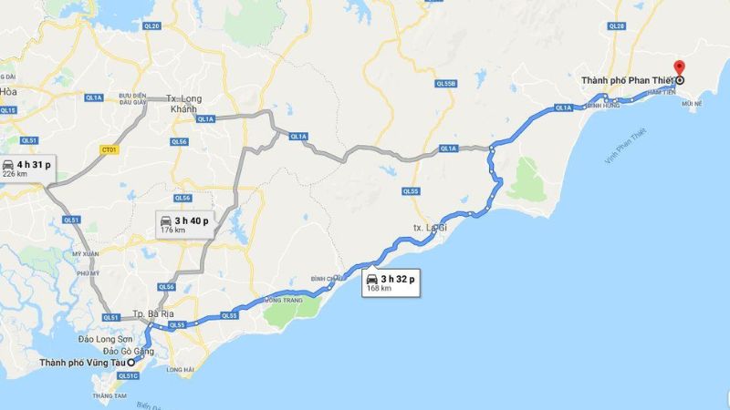 Khoảng cách và thời gian di chuyển từ Phan Thiết đến Cảng Cầu Đá Vũng Tàu