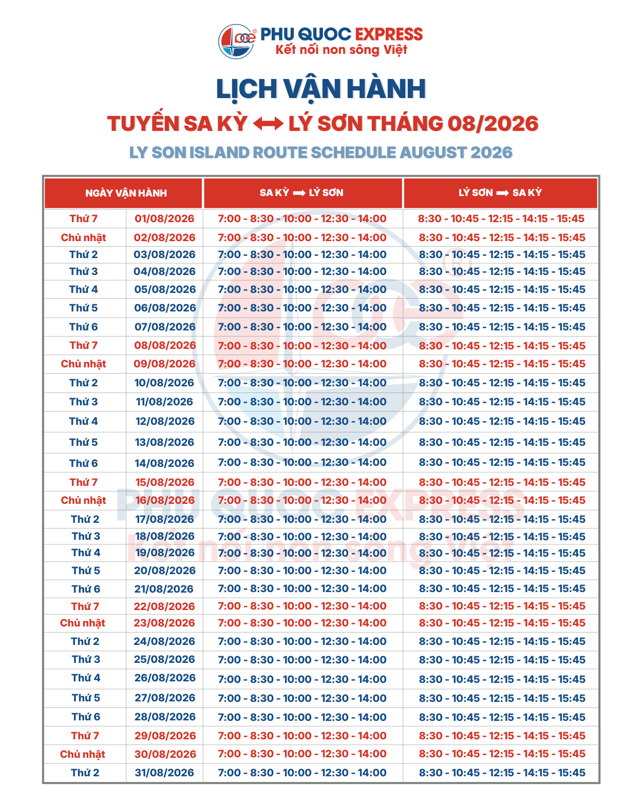 Sa Kỳ - Lý Sơn Ferry Schedule for August 2026