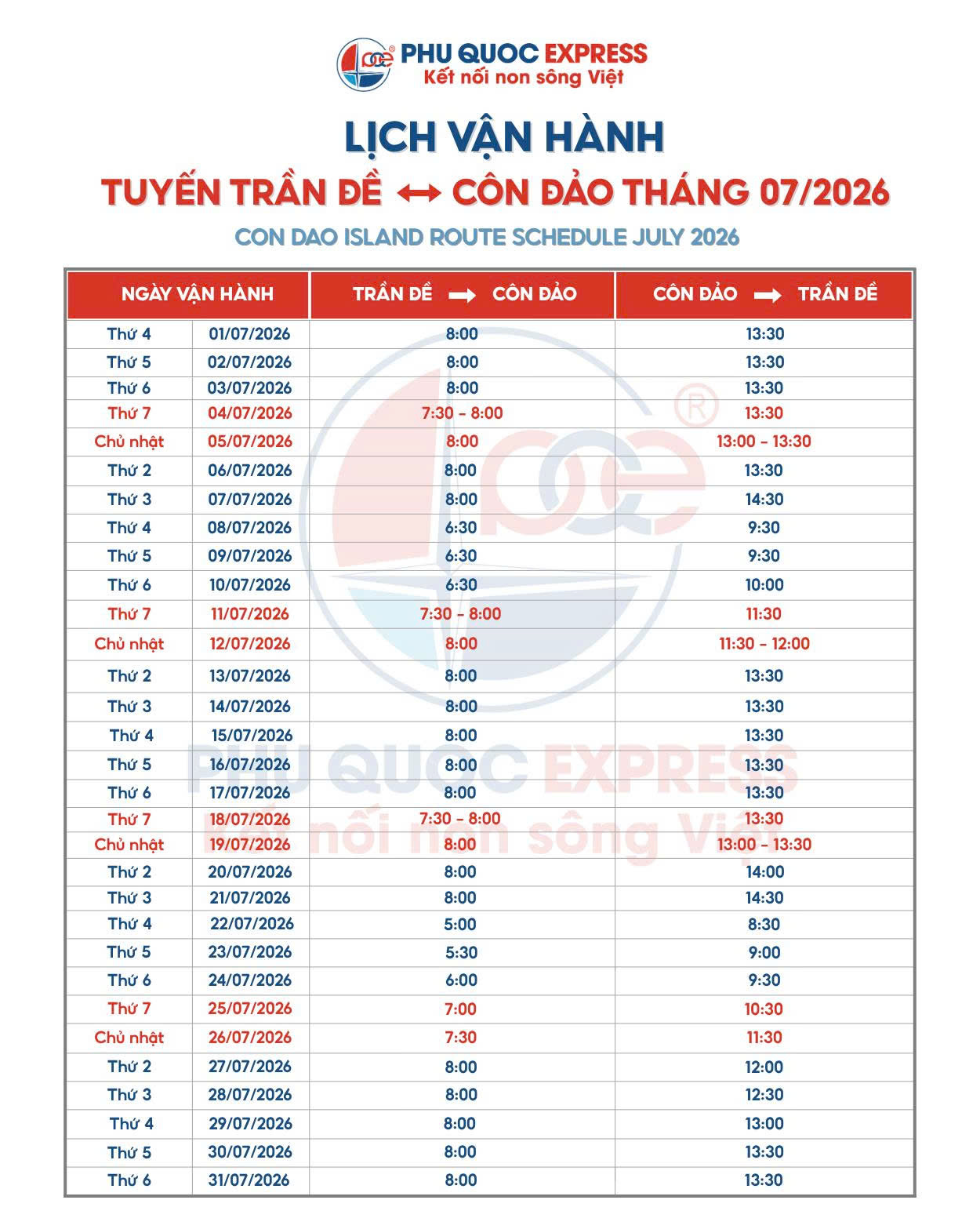 Schedule for Route Trần Đề–Côn Đảo for July 2026