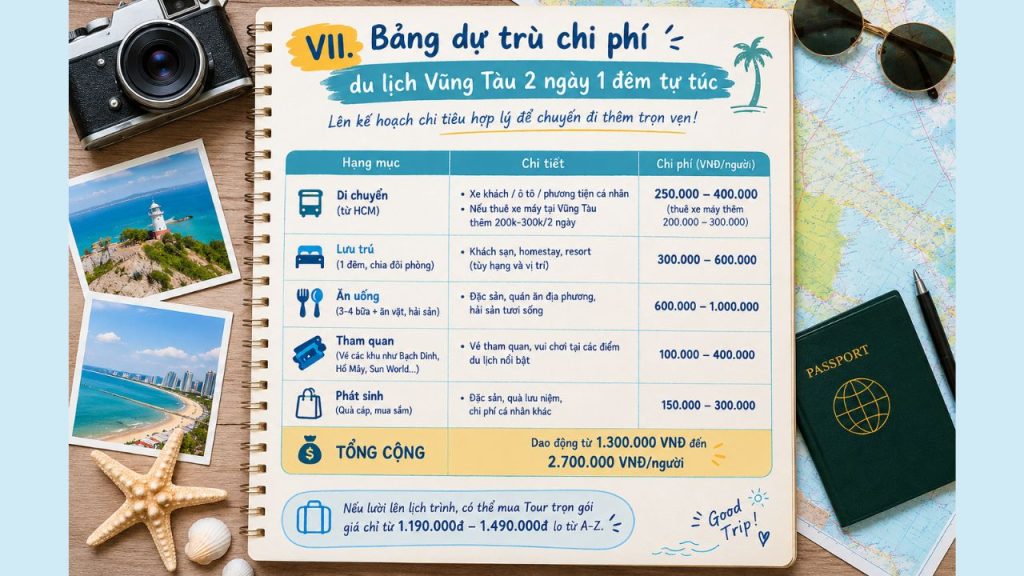 Bảng dự trù chi phí du lịch Vũng Tàu 2 ngày 1 đêm tự túc