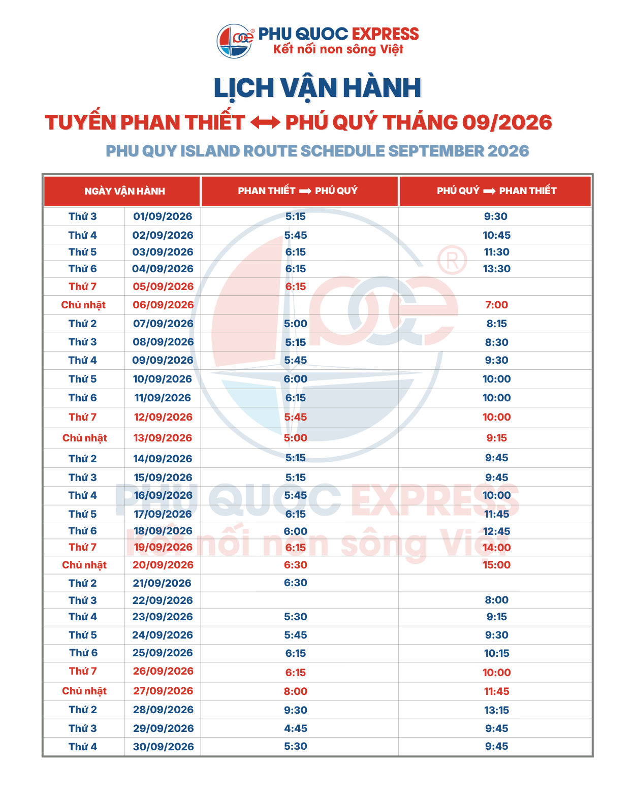 Train Schedule for Routes Phan Thiết–Phú Quý for September 2026