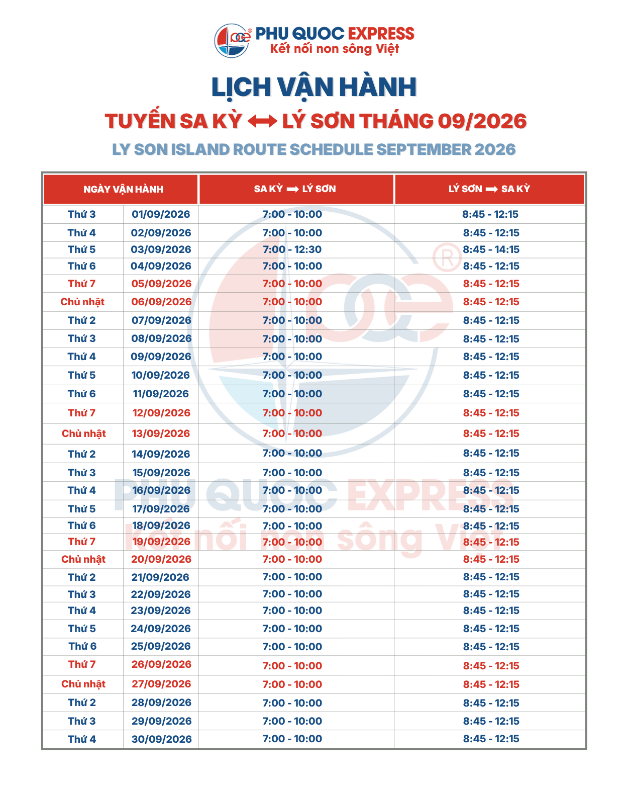 Sa Kỳ - Lý Sơn Ferry Schedule for September 2026
