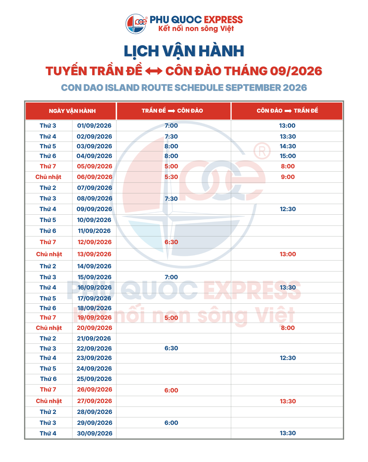 Route Trần Đề - Trần Đề Schedule for September 2026
