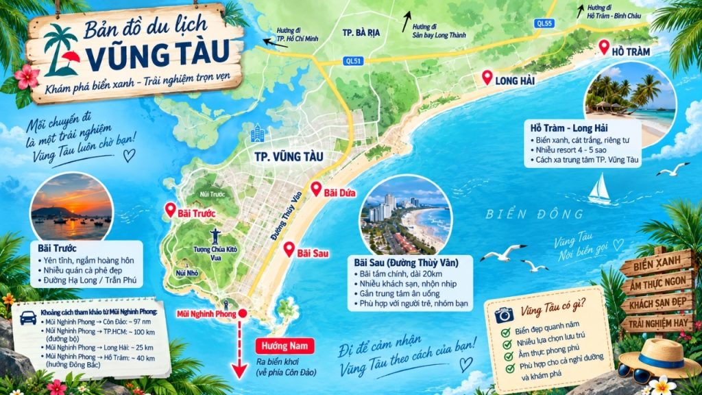 Bản đồ các khu vực lựa chọn khách sạn Vũng Tàu gồm Bãi Sau, Bãi Trước, Bãi Dứa và Hồ Tràm.
