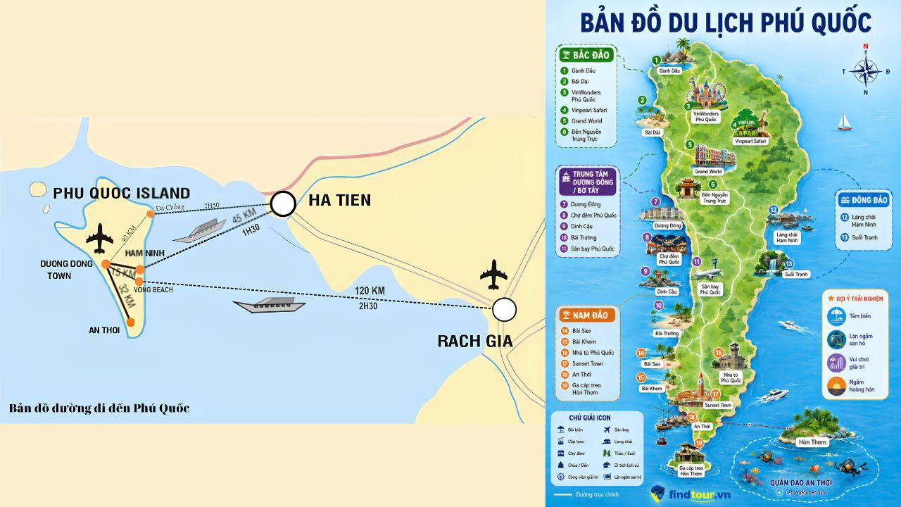 Bản đồ du lịch và bản đồ di chuyển từ đất liền ra Phú Quốc