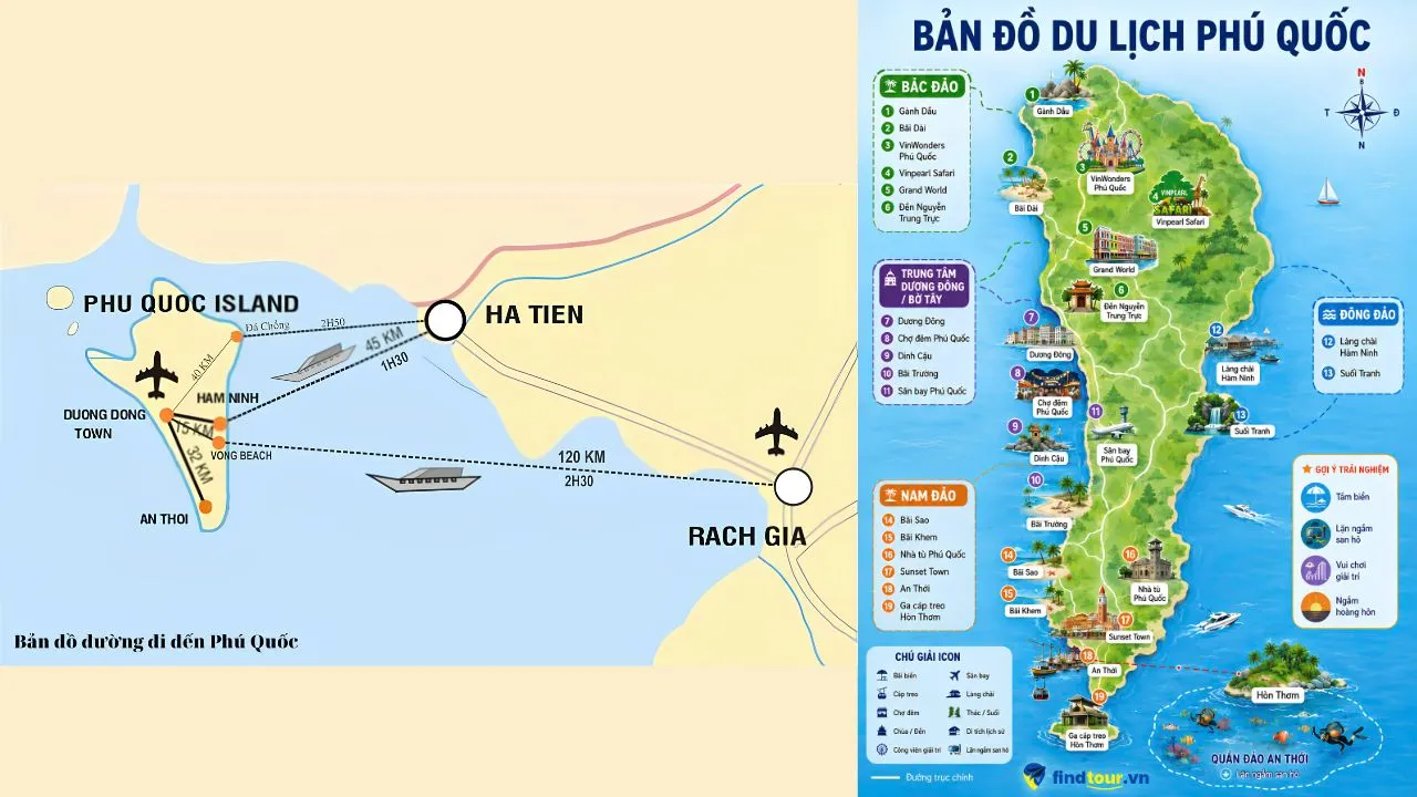 Travel maps and maps of movement from the mainland Phú Quốc