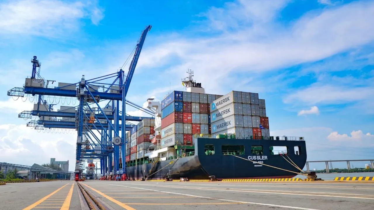 Cầu cảng chính sông Soài Rạp của Cảng Tân Cảng - Hiệp Phước đang đón tàu container trọng tải lớn cập bến