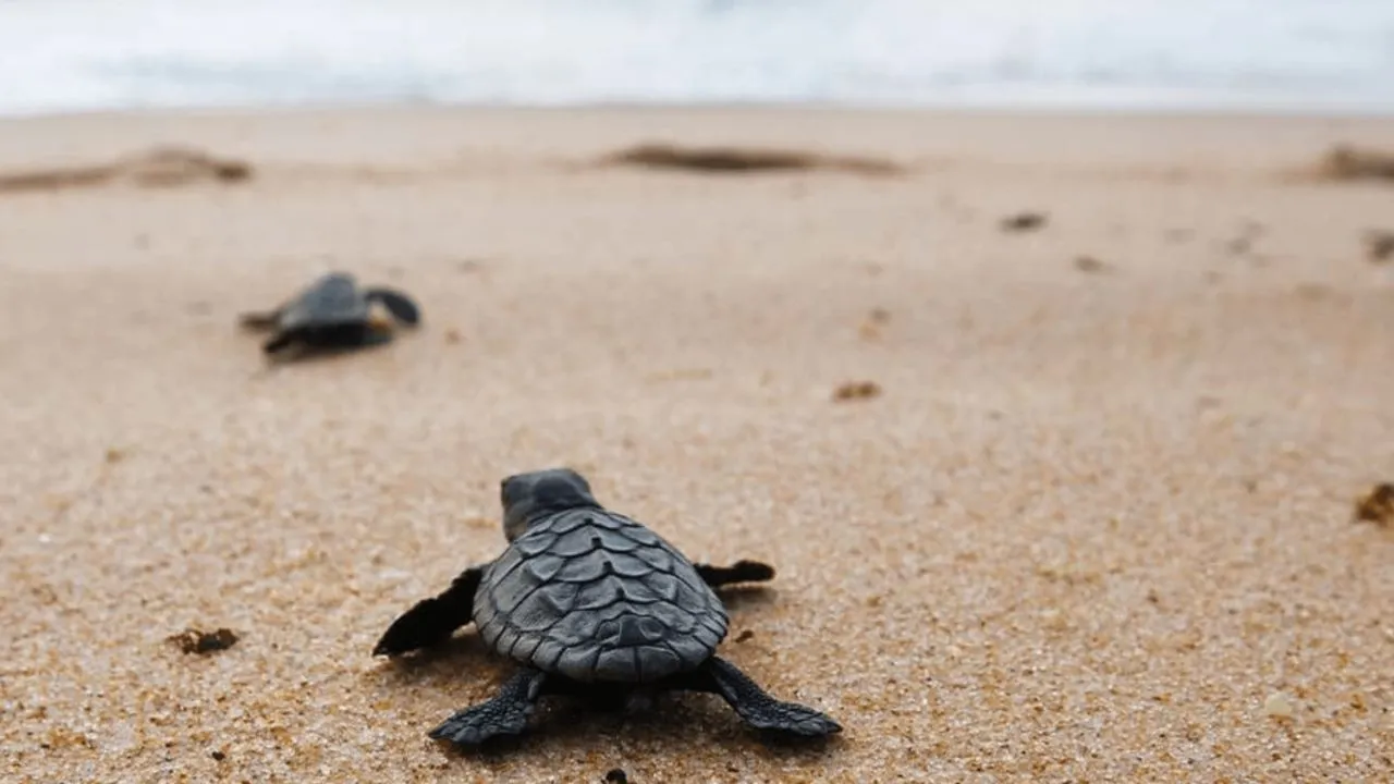 The moment the baby turtle is released into the sea on the sand of Great Island