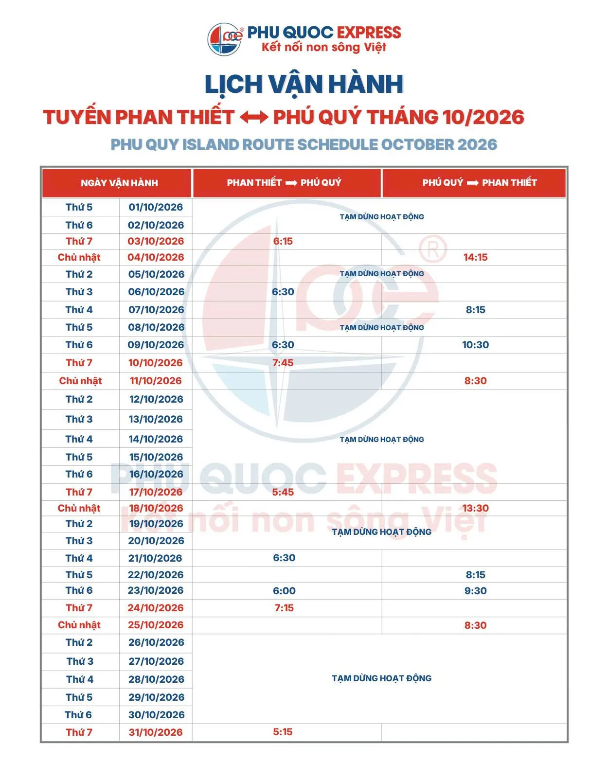 Lịch tàu tuyến Phan Thiết - Phú Quý tháng 10/2026