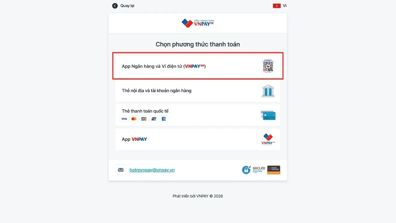Chọn hình thức thanh toán trên cổng VNPAY
