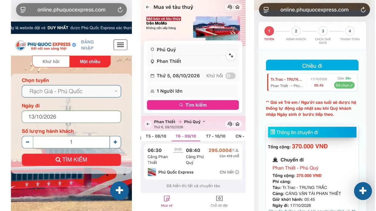 Giao diện đặt vé tàu đi Phú Quý online trên điện thoại và vé điện tử