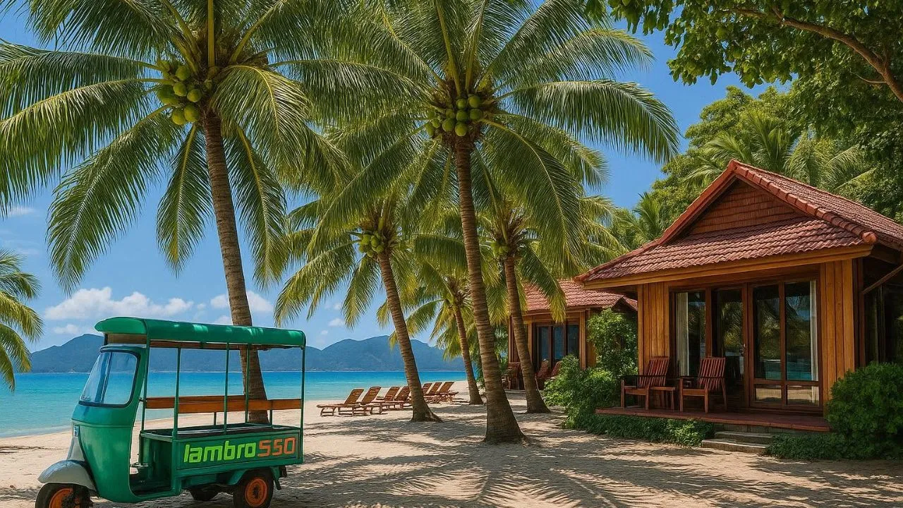 Dãy bungalow mái gỗ Tân Sơn Nhất Côn Đảo dưới tán cây, phía trước là thảm cỏ và bãi cát biển An Hải