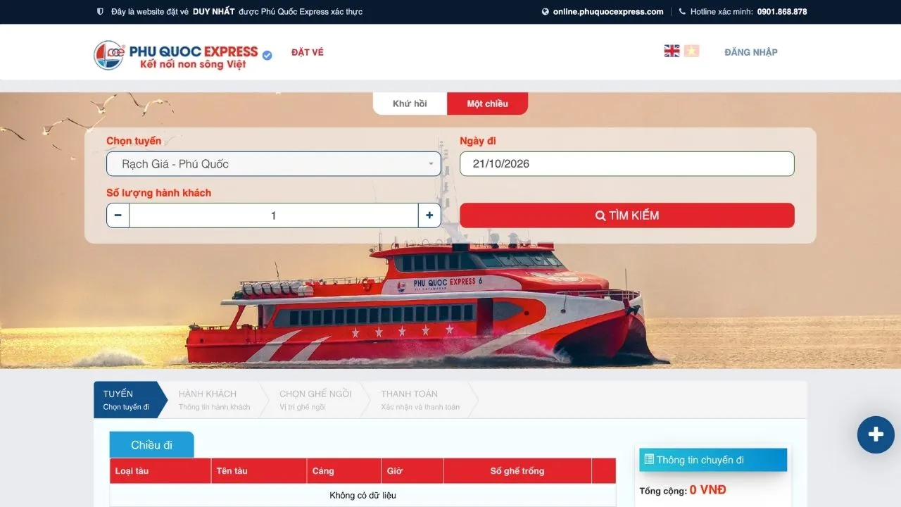 Giao diện trang đặt vé chính hãng online.phuquocexpress.com