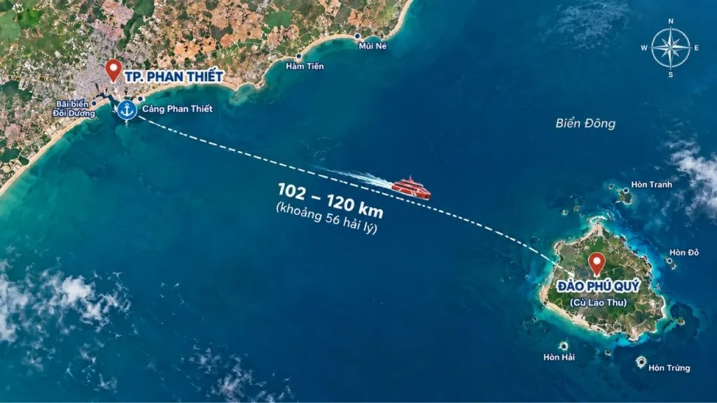 The distance from the island Phan Thiết to the mainland is Phú Quý approximately 110 km by sea.